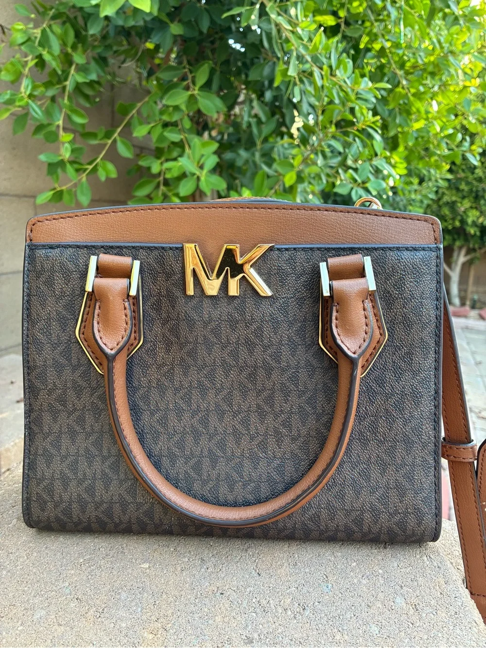 Michael Kors Brown and Tan Logo Satchel with Matching Zip Wallet